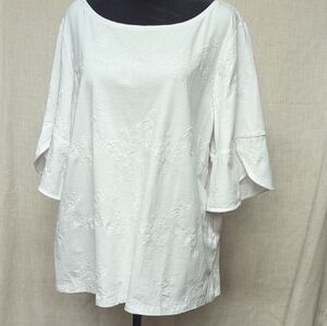 Rafaella Sz 2X White Embroidery Paisley Tulip Sleeve
